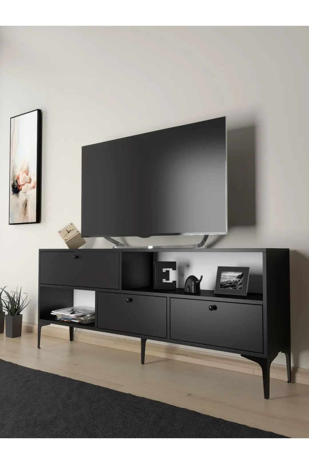 Katre 150 Cm Metal Ayaklı Tv Ünitesi - Siyah / Siyah
